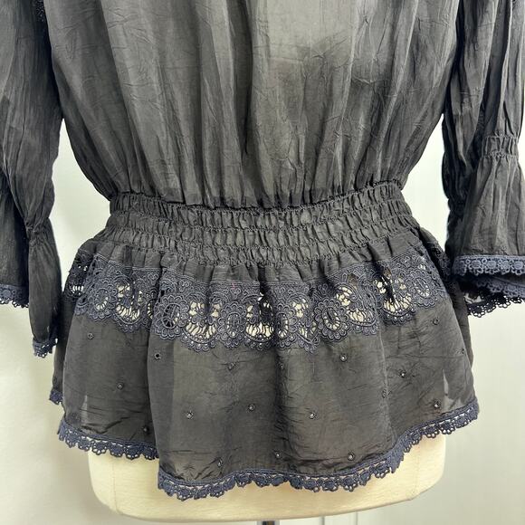 JohnnyWas Women's Sheer Blouse Black Lace Ruffle Neckline Button Down Size Small - Picture 11 of 16